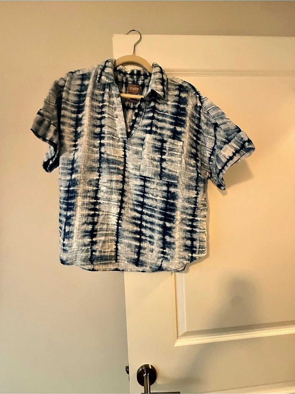 Chico's Cotton Gauze Camp Shirt Tie-Dye Blue & White Size 2